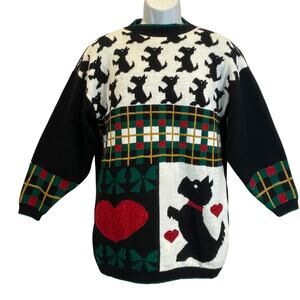 VINTAGE 80s J.J. Browne Scottie Westie Dog Busy Block Ugly Christmas Sweater MED